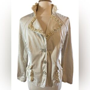 Style Ivory Cotton Blazer embellished w/Pearls,Rhinestones & Lace Size Medium